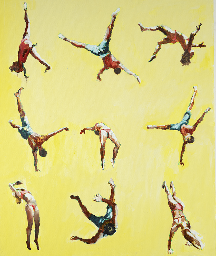 Painting of tumbling acrobats on a yellow background